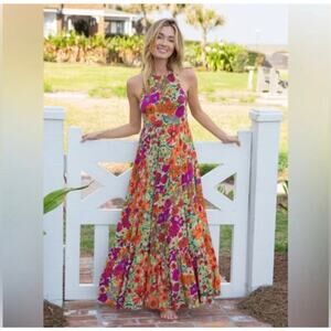 NATURAL LIFE Halle Floral Print Halter Maxi Dress Womens S Fuschia Tiered Ruffle